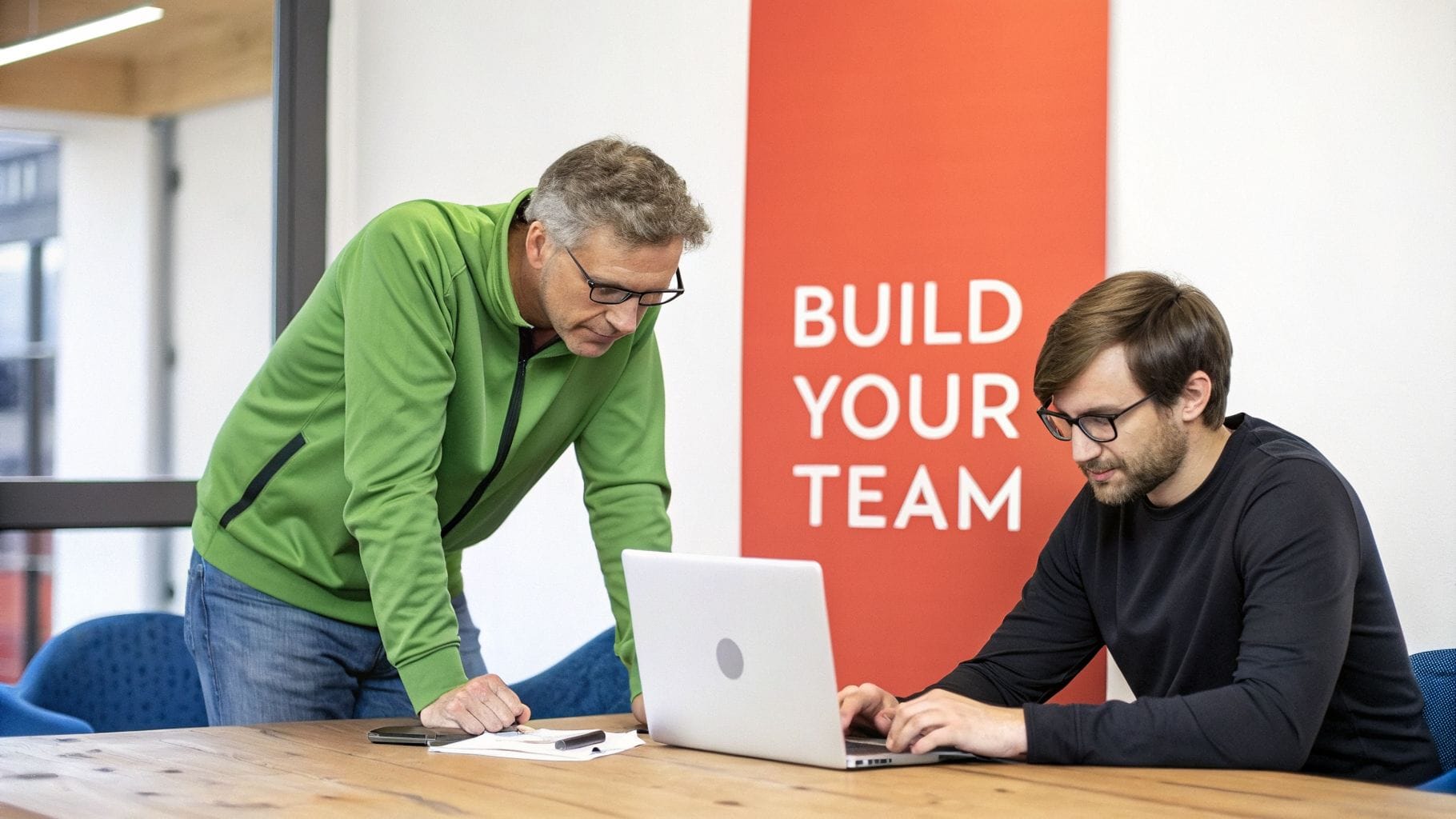 Two colleagues collaborate on a laptop in an office, with a 'Build Your Team' banner in the background.