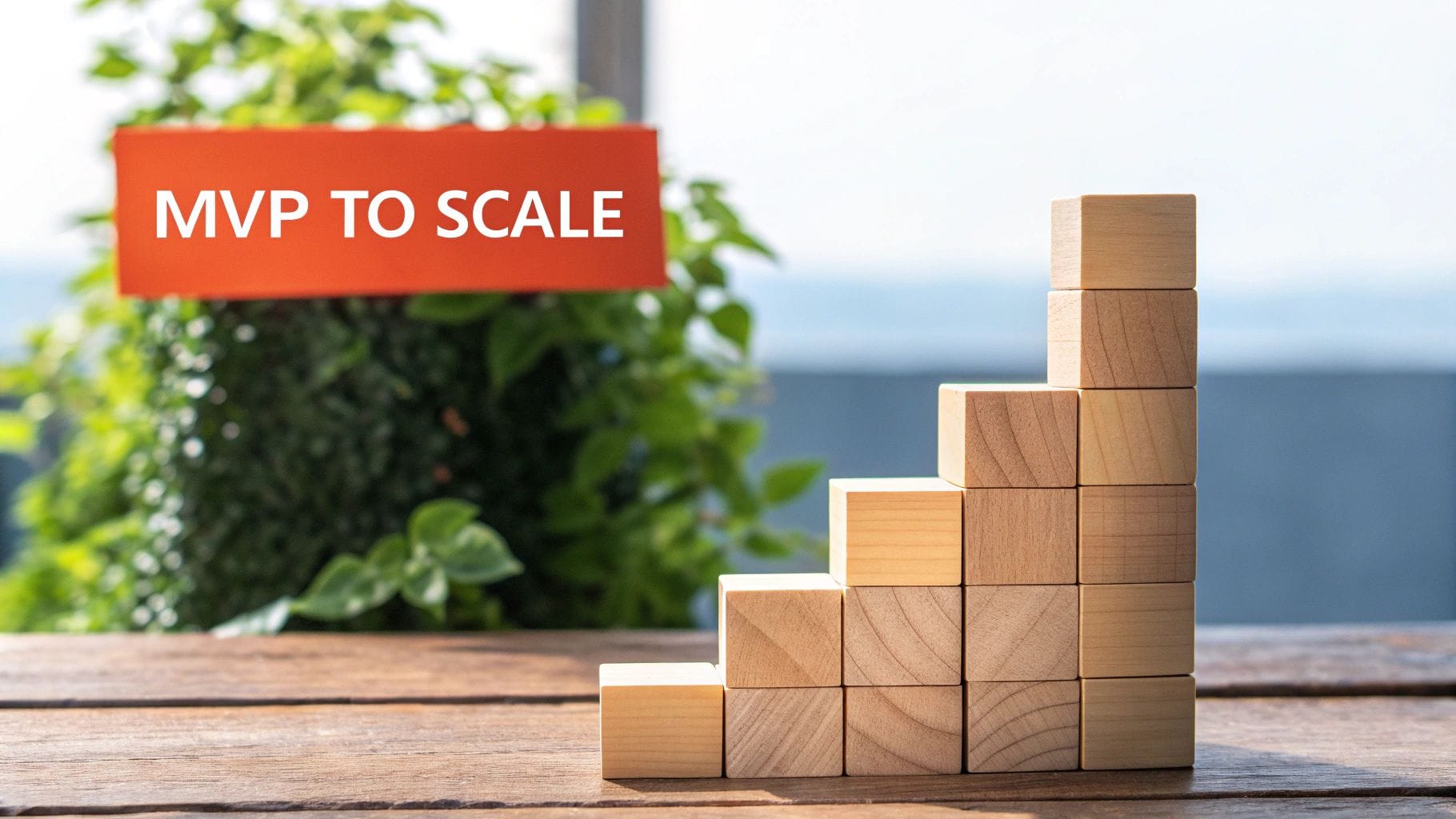 Red sign with 'MVP TO SCALE' next to wooden blocks forming an upward staircase, symbolizing business growth.
