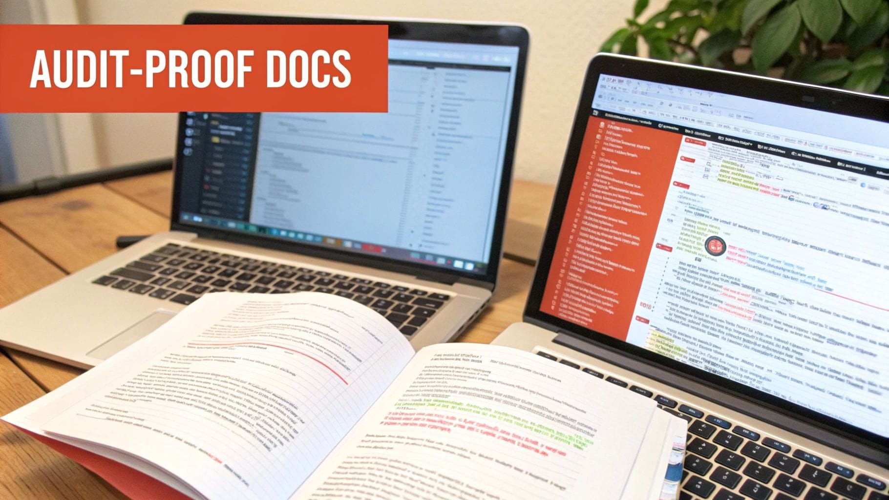 Two laptops and an open book on a wooden desk, one displaying 'AUDIT-PROOF DOCS'.