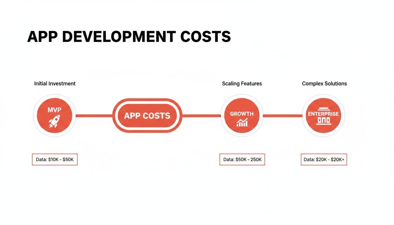 A diagram illustrating app development costs across different stages: MVP, growth, and enterprise solutions, with associated price ranges.